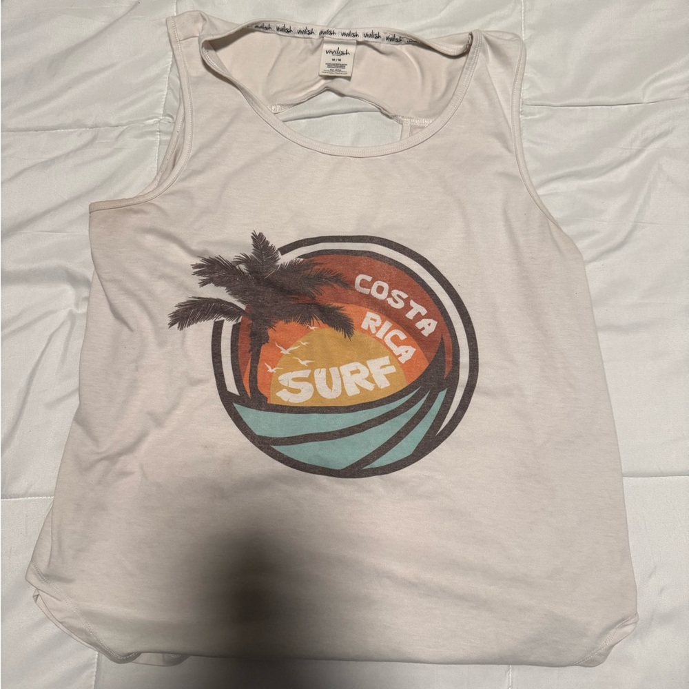 Costa Rica Surf Graphic Tank Top - Cream with Sunset Print